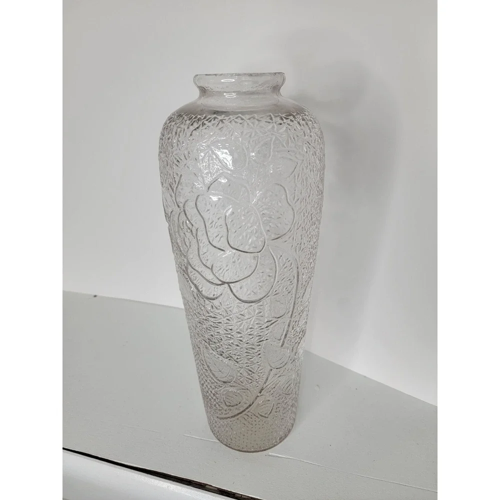 Goofus Glass Large Pickle Jar Vase Rose Flower Pattern Vtg GLOWS 14